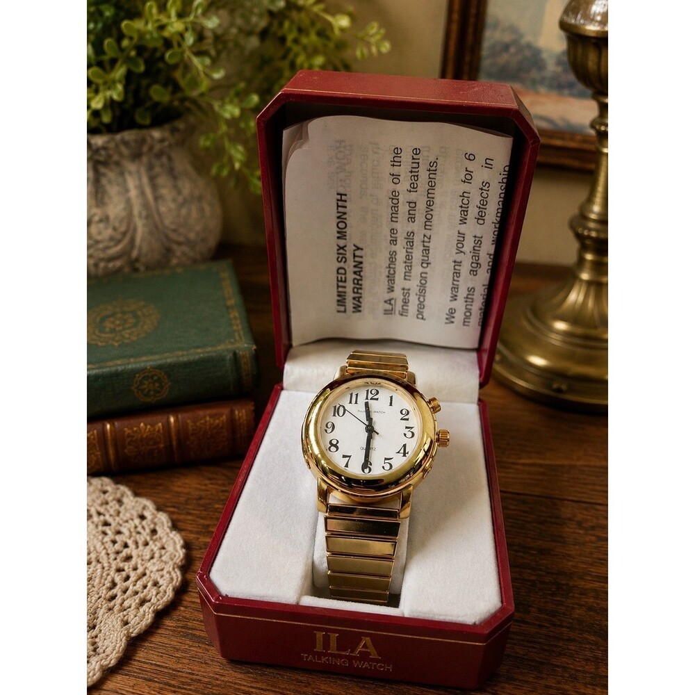WritingILA Talking Watch Gold Tone Quartz Stretch Band w/ Box & Warranty